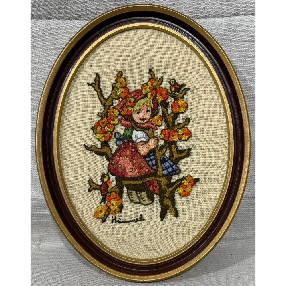 Vintage Hummel Apple Tree Girl Needlepoint Framed Oval Embroidery Wall Art 13x11